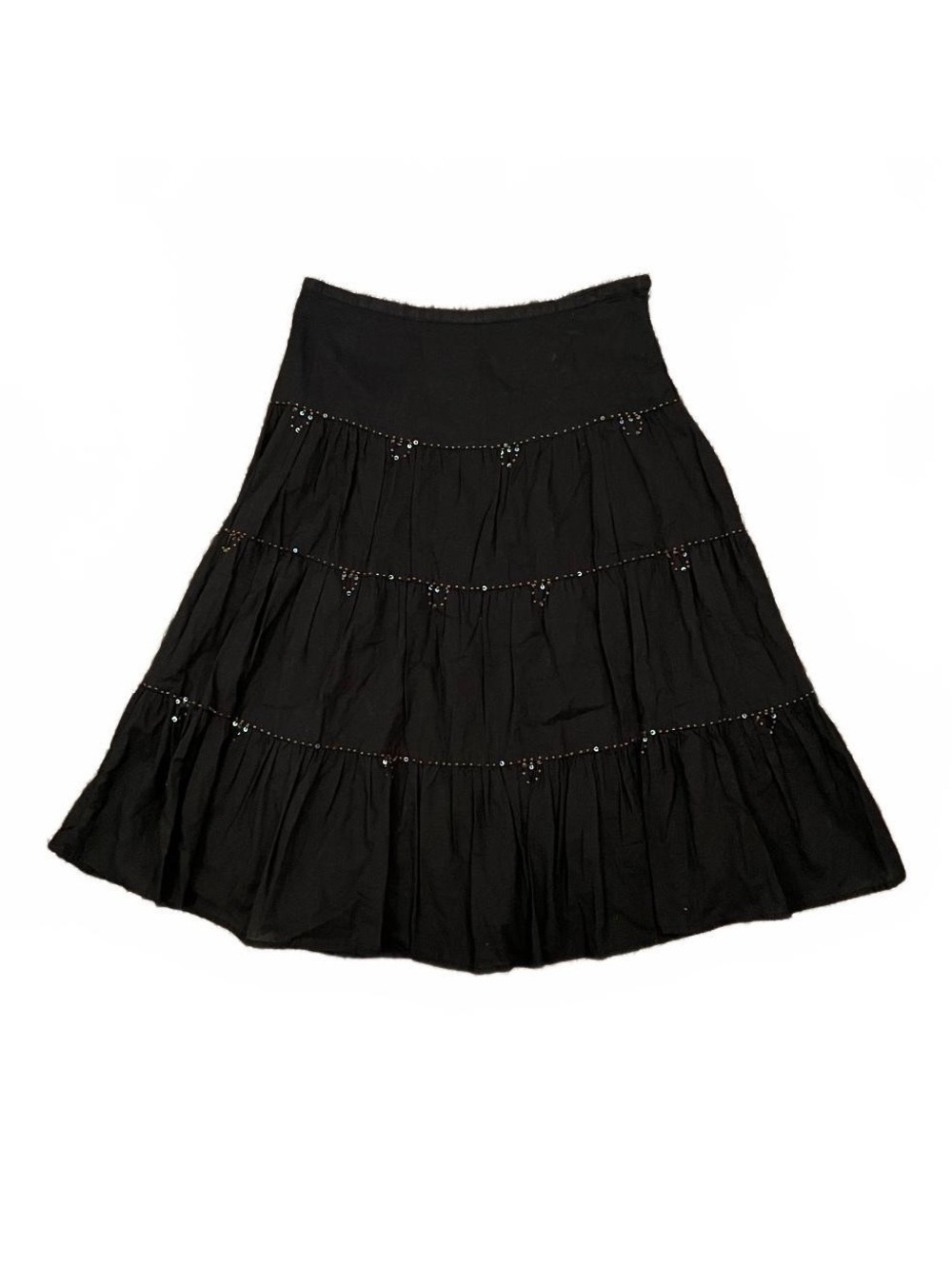 Y2K Black Sequin Beaded Tiered Midi Skirt 2000’s Boho Fairy